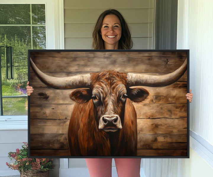 Longhorn Bull Canvas Print: Rustic Farmhouse Decor, Ready to Hang Western Barn Art.