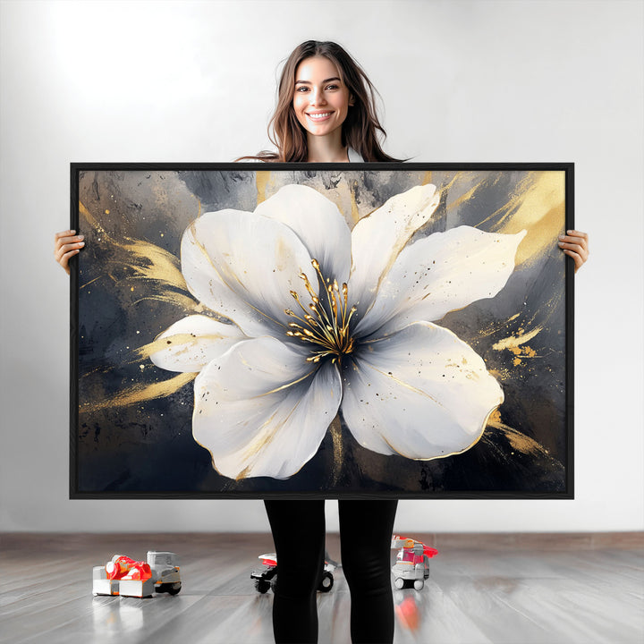 White Flower Wall Art | Canvas Print | Ready to Hang | Abstract Floral Wall Decor | Elegant Bloom Artwork | Framed for Living Room or Bedroom