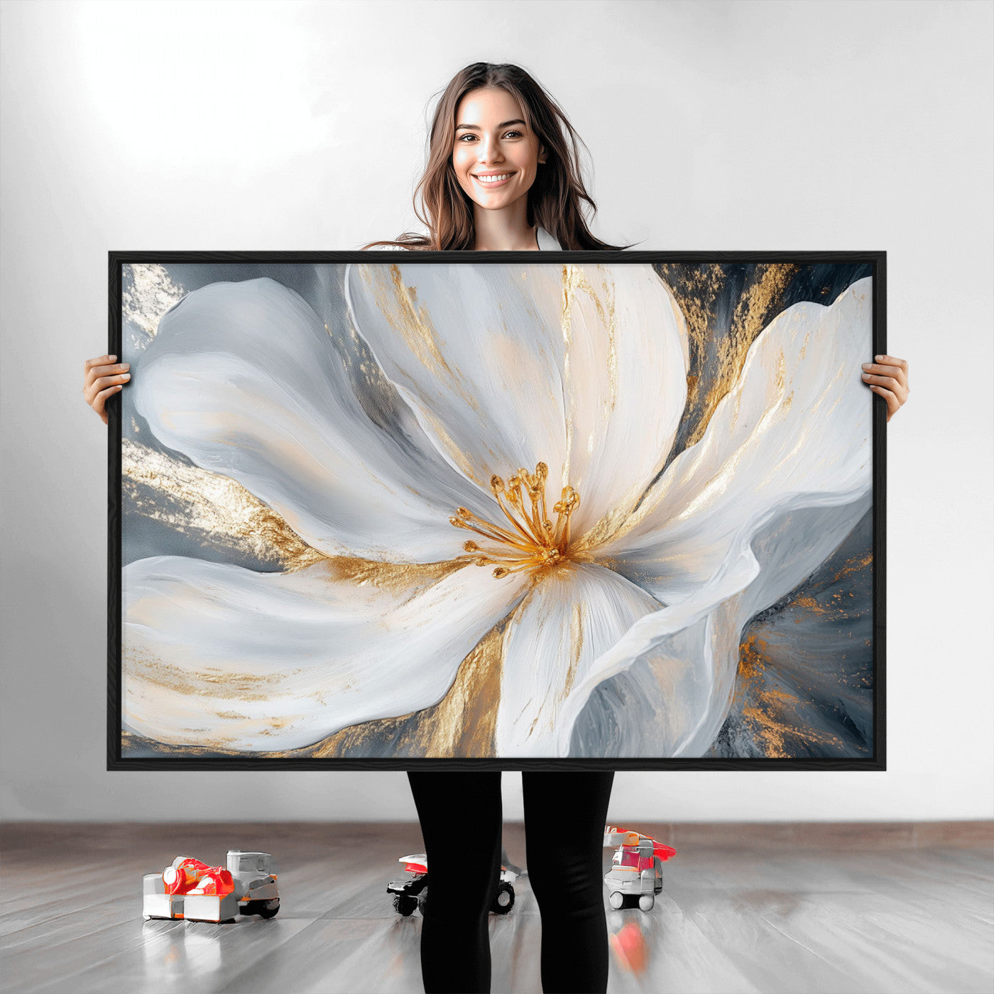 83149-MGV-CV-36X24-White and Gold Floral Canvas Wall Art - Framed and Ready to Hang - Perfect for Modern Living Rooms