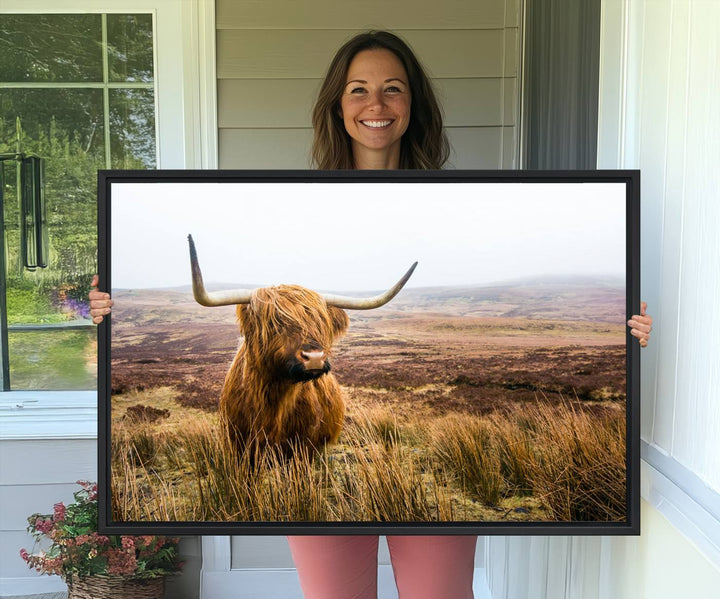 The Scottish Highland Cow Wall Art is perfect for rustic farmhouse decor, featuring misty moorland hues.