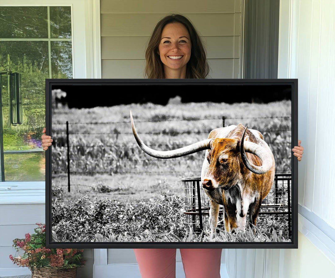 Majestic Texas Longhorn Cow Wall Art features a ready-to-hang canvas print that complements rustic farmhouse décor.