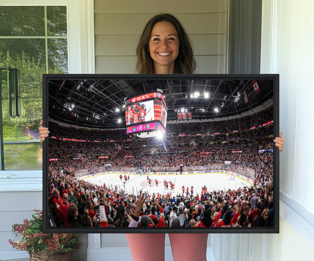 The wall art, a high-quality basketball arena canvas, evokes the excitement of fans cheering at the Amerant Bank Arena.