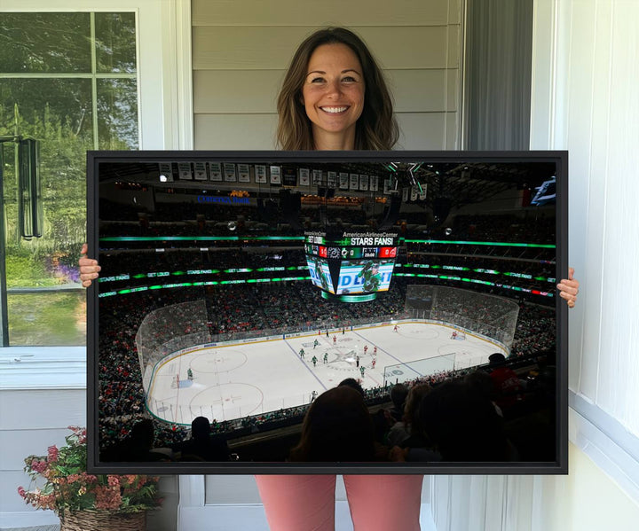 The Dallas Stars Wall Art Canvas Print is as clear as the scoreboard stats at a hockey game in a large arena with bright lights.