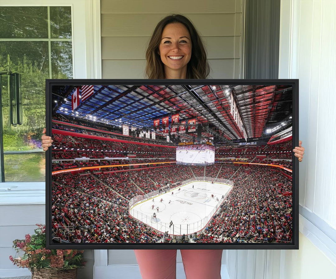 A Barton Malow canvas depicting Little Caesars Arena from above is beautifully printed in high resolution for your wall.