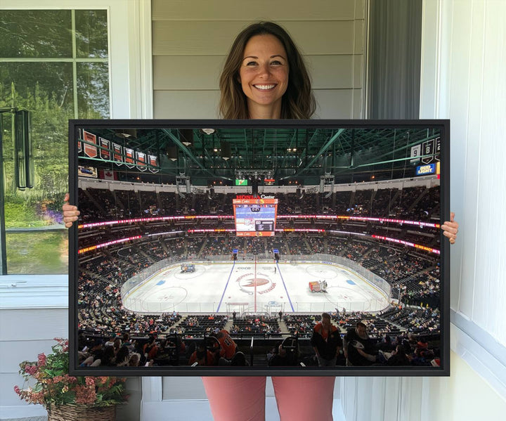 The wall art of the Honda Center California Anaheim Ducks Ice Hockey Stadium features a depiction of the rink and scoreboard from the perspective of the upper deck.