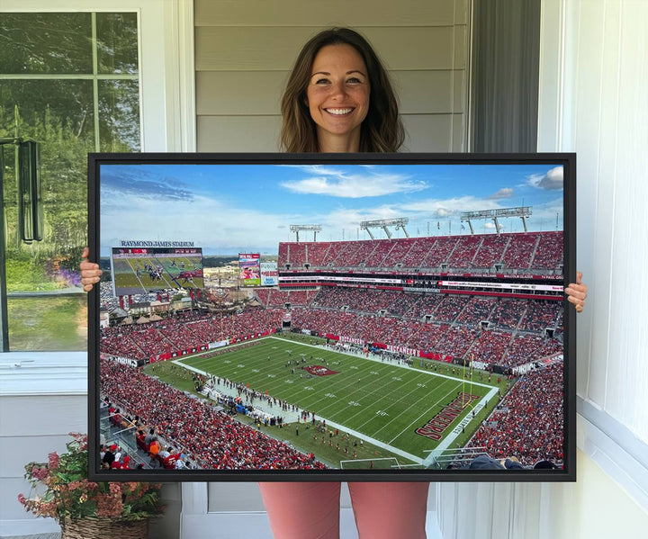 The Florida Tampa Raymond James Stadium Wall Art Canvas Print is featured above the cabinet.