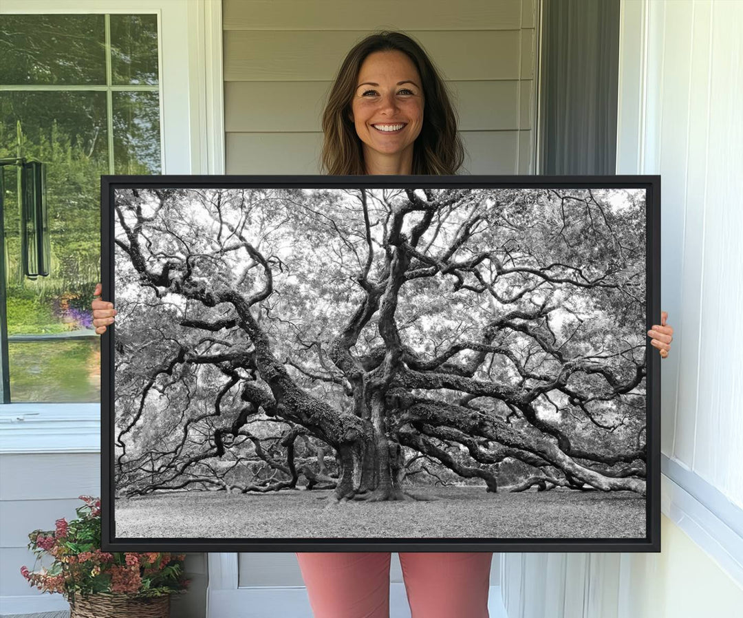 The Black White Angel Oak Tree wall art adds timeless, nature-inspired decor.