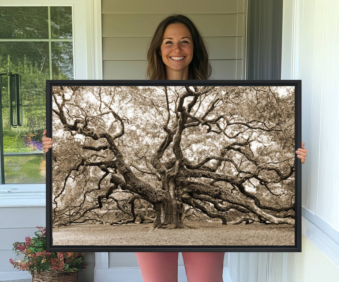 Displayed on the wall is a Sepia-framed Angel Oak Tree 3-panel canvas.