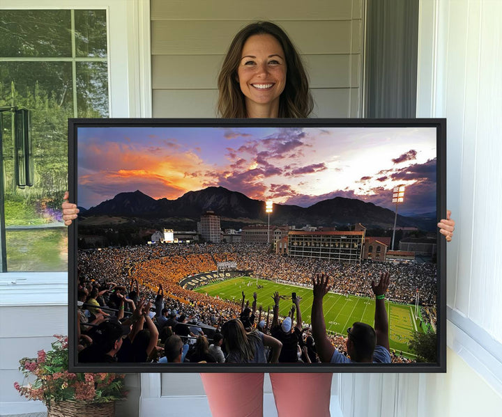 The Folsom Field Stadium Print beautifully captures the Colorado Buffaloes stadium at sunset, set against a stunning mountain backdrop.