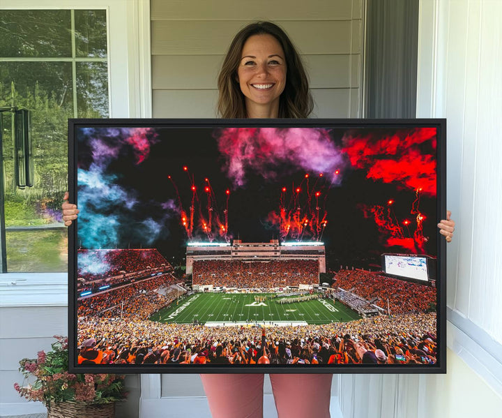 A Hokies football canvas print displays Lane Stadium at night with fireworks.