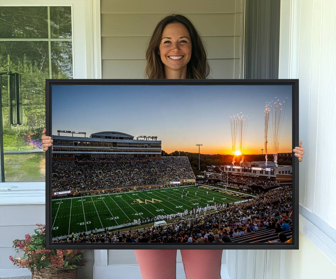 Canvas wall art print depicting the Demon Deacons football stadium at sunset with fireworks.