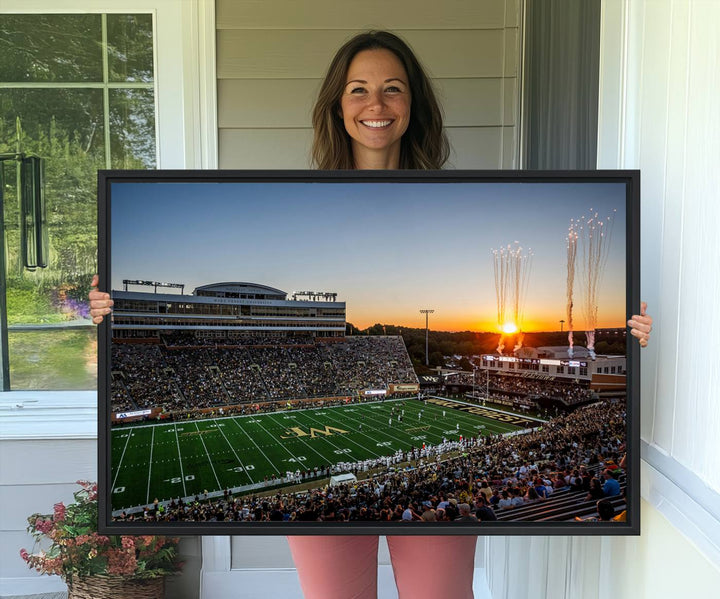 Canvas wall art print depicting the Demon Deacons football stadium at sunset with fireworks.