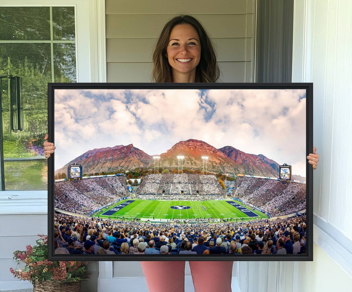 A museum-quality canvas featuring BYU Cougars Football at LaVell Edwards Stadium with a stunning mountain view.