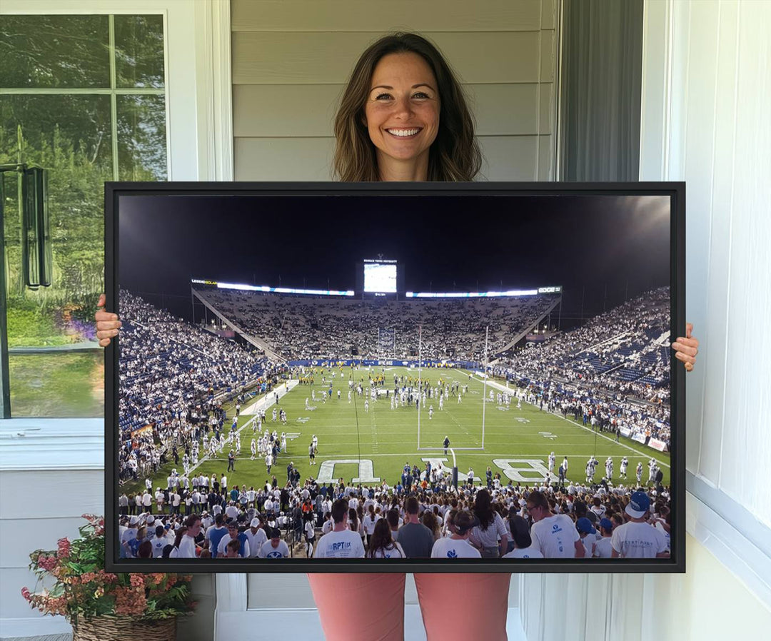 The wall art is a premium canvas of LaVell Edwards Stadium, offering a gallery-quality finish that showcases BYU Cougars pride.