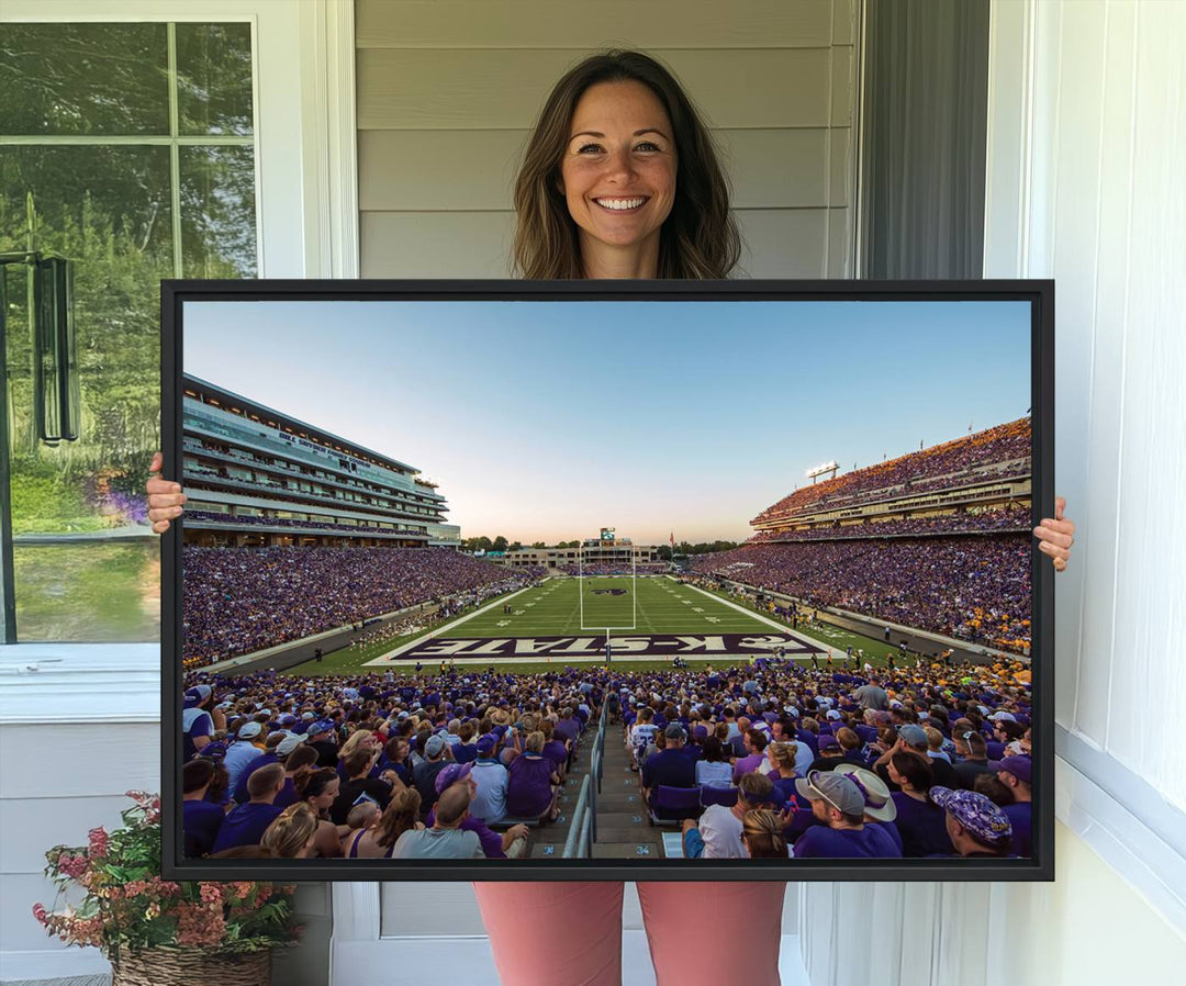 Sunset view of fans in purple at Bill Snyder Family Stadium, captured in a stunning gallery wall art canvas, perfect for a modern living room or office.