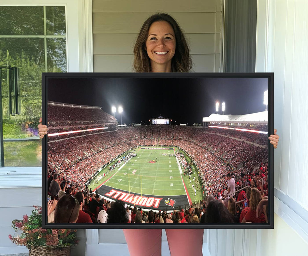 Panoramic view of a crowded football stadium with Louisville in the end zone, crafted as University of Louisville wall art.