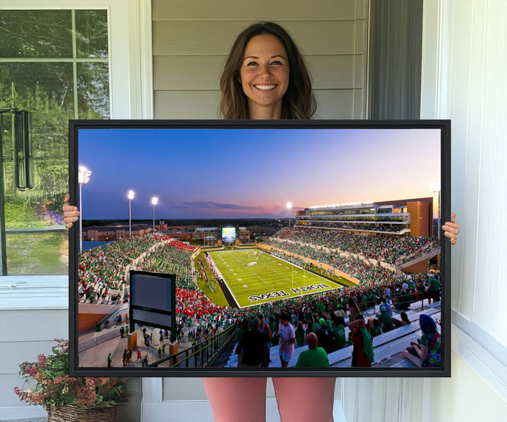 Aerial view of University of North Texas DATCU Stadium at sunset on canvas, showcasing a colorful sky.