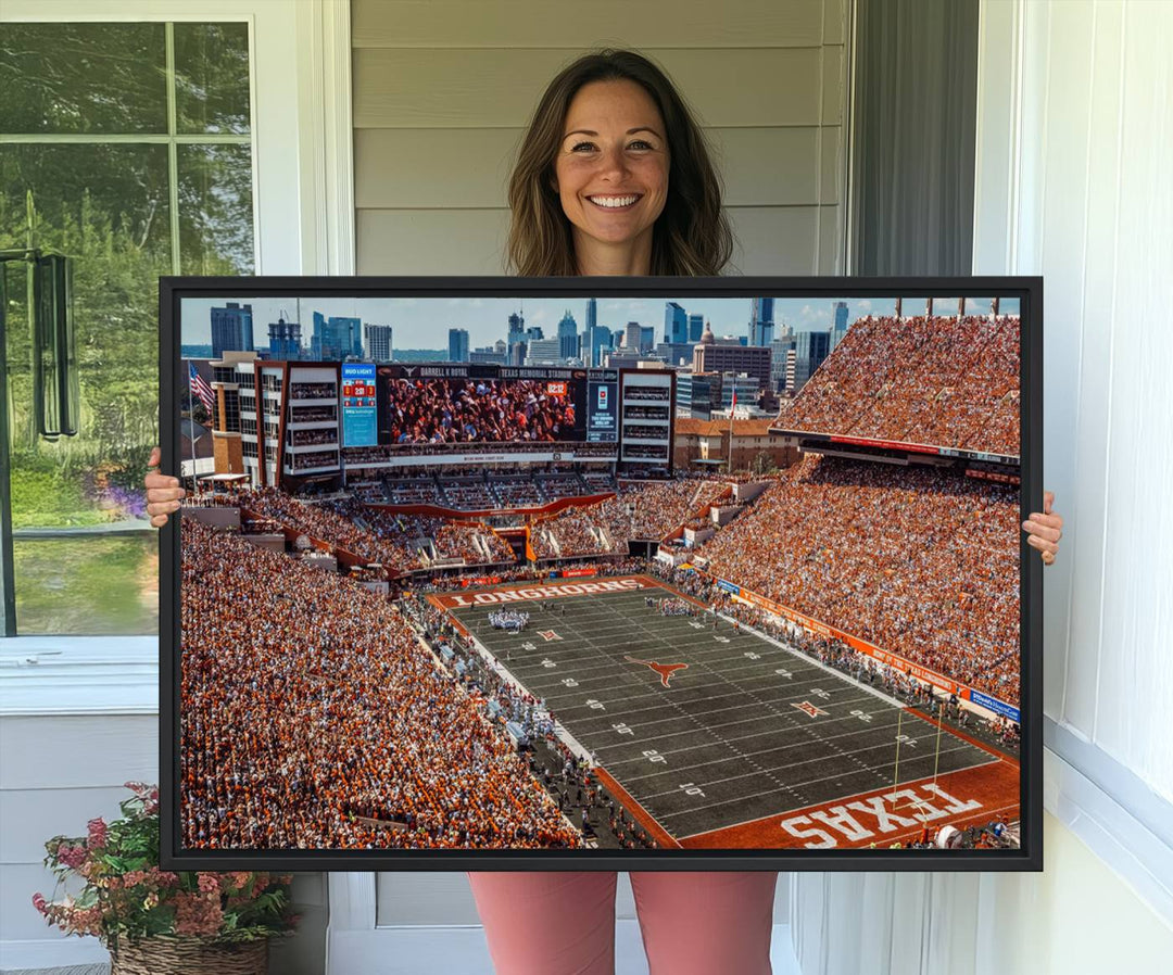 A premium canvas wall art featuring the University of Texas Longhorns stadium, showcasing a vibrant sea of orange.