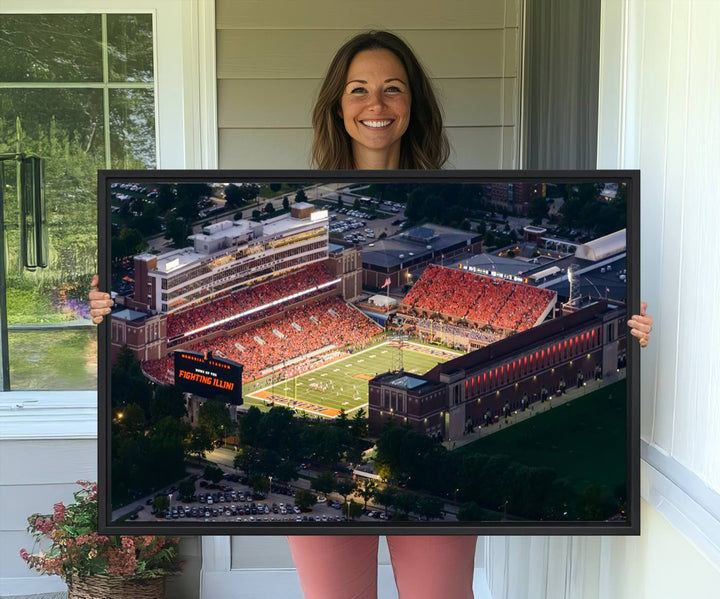 Aerial view of the University of Illinois Memorial Stadium on premium canvas, capturing buildings and greenery at dusk.