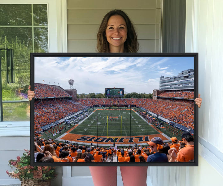 The Illinois stadium packed with orange-clad fans makes for a premium University of Illinois canvas wall art.