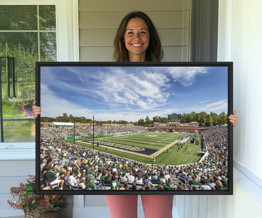 The University of Charlotte 49ers stadium print adds flair to a modern living room wall with its vibrant scene and clear sky.