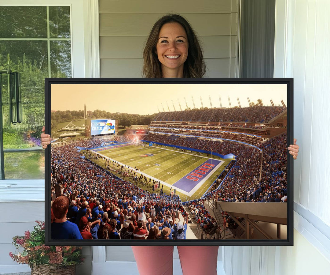 A premium University of Kansas Jayhawks Football Team canvas print captures the essence of a sunset football game, filling the stadium with vibrant energy.