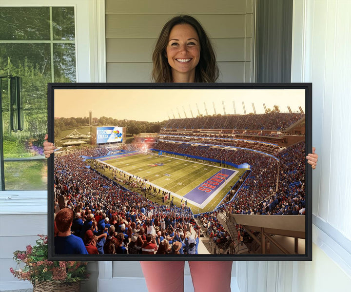 A premium University of Kansas Jayhawks Football Team canvas print captures the essence of a sunset football game, filling the stadium with vibrant energy.