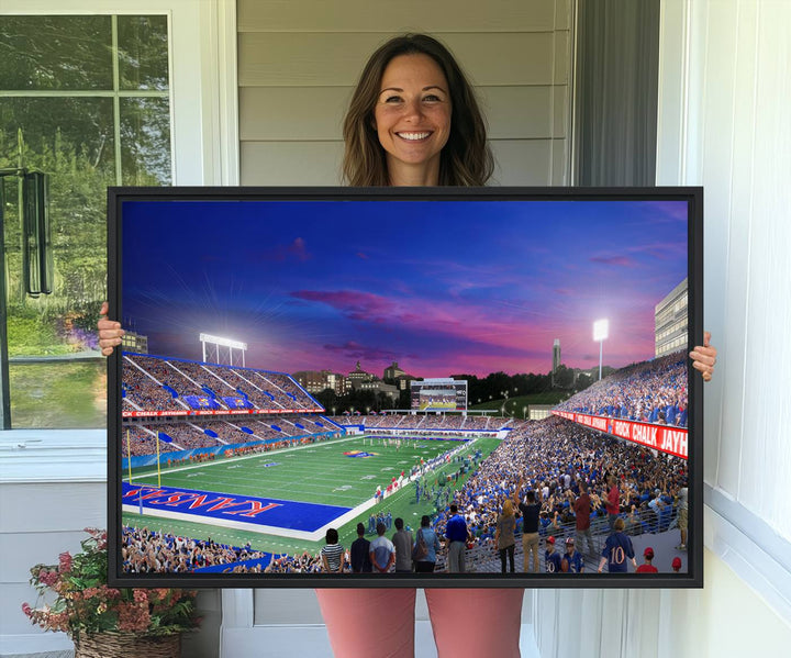 A canvas art piece depicting the Kansas Jayhawks stadium at twilight, vibrant in a modern setting.