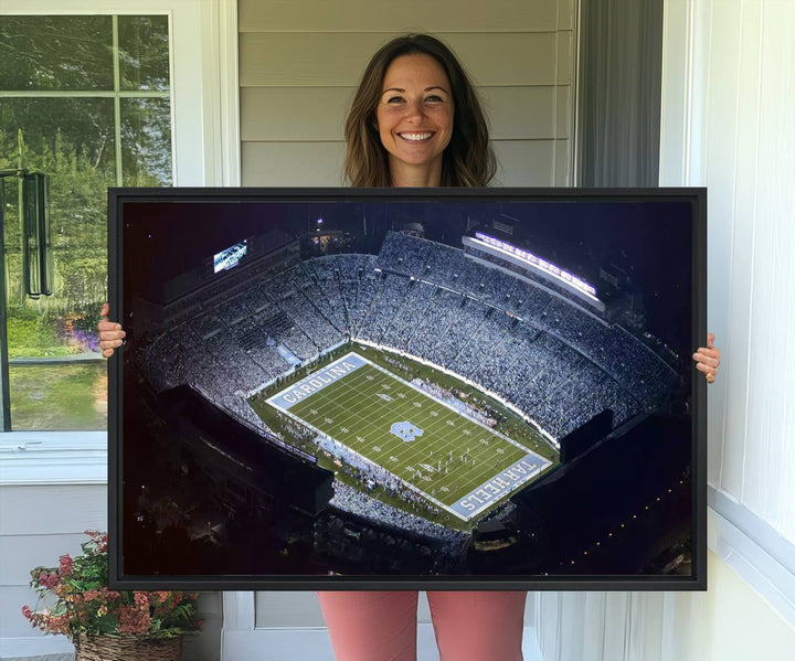 Aerial view of UNC Tar Heels night game at Kenan Memorial Stadium, perfect wall art canvas for fans.