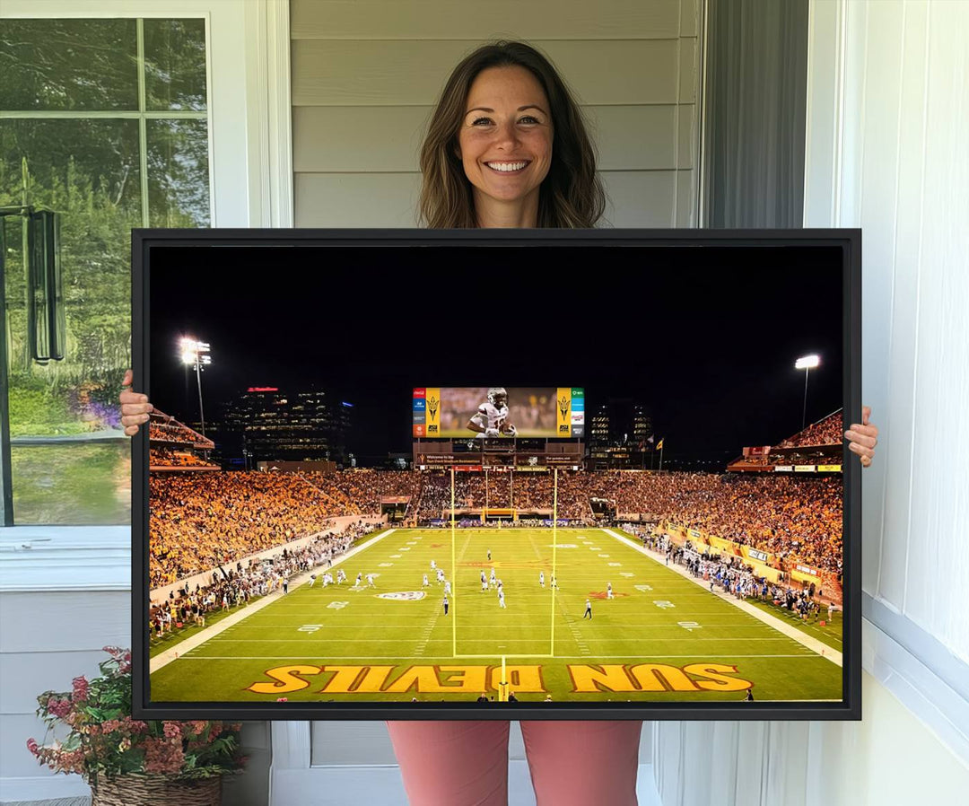 ASU Sun Devils Football Team Print - Wall Art Canvas featuring the Sun Devils end zone at Phoenix Mountain America Stadium.