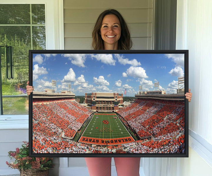 Boone Pickens Stadium was adorned with vibrant murals of Cowboys under a bright blue, cloud-speckled sky.