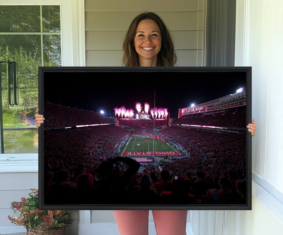 Premium canvas wall art featuring Ohio State University Buckeyes football stadium and fireworks.