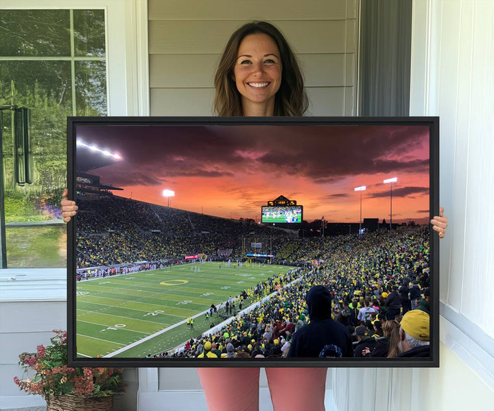 This stunning wall art print captures a vibrant sunset at Eugene Autzen Stadium.