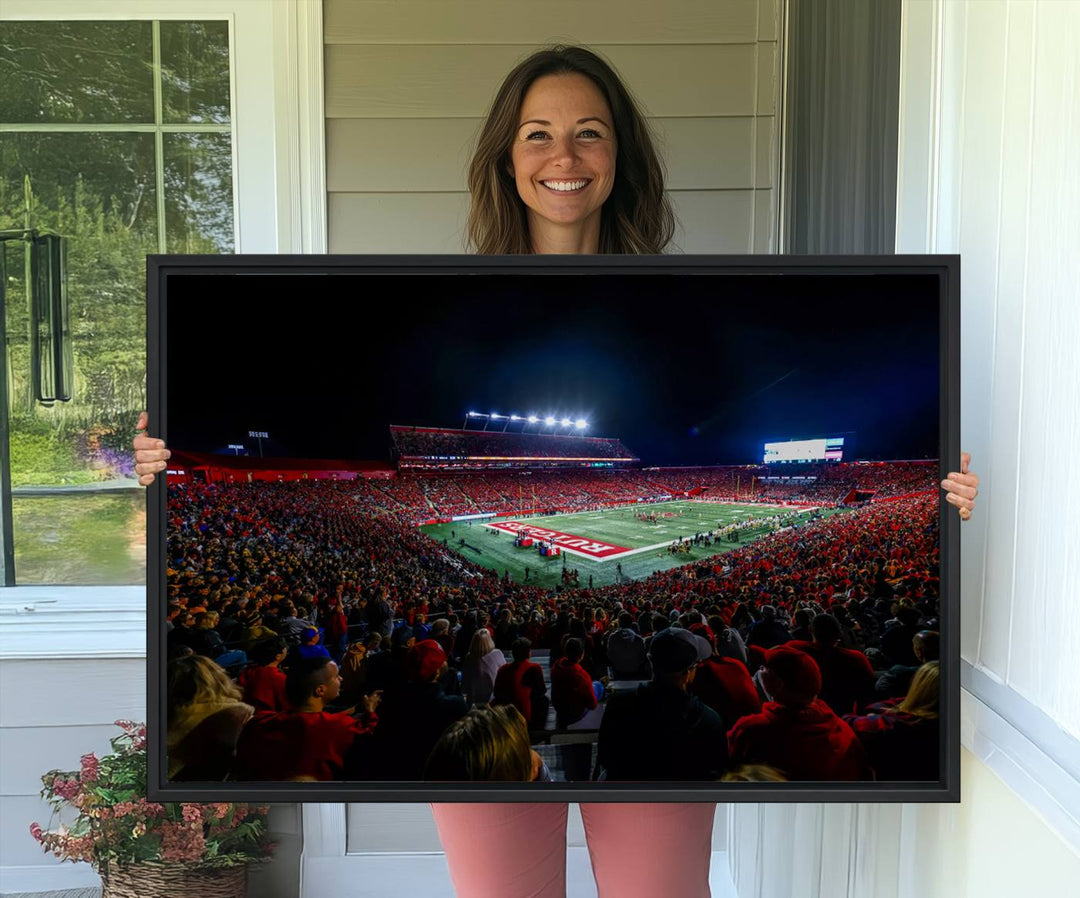 A premium canvas wall art print depicting Rutgers Scarlet Knights SHI Stadium filled with fans under vibrant lights.