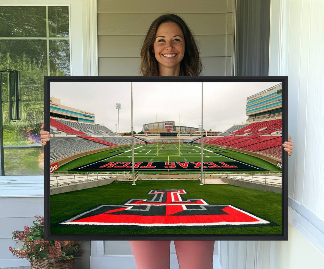 Gallery-quality print of Lubbock Jones AT&T Stadium featuring the Texas Tech Red Raiders field, highlighted by red and gray bleachers.