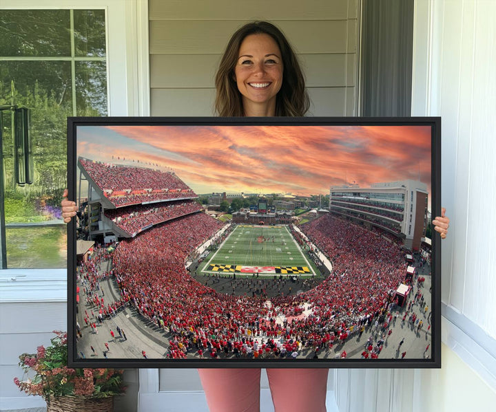 A packed SECU Stadium at sunset, ideal for your University of Maryland Terrapins Football Team wall art canvas print.