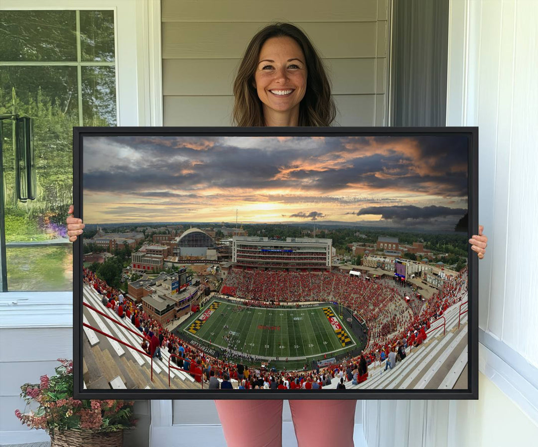 The University of Maryland Terrapins Football Team Print features SECU Stadium at sunset with vibrant skies.