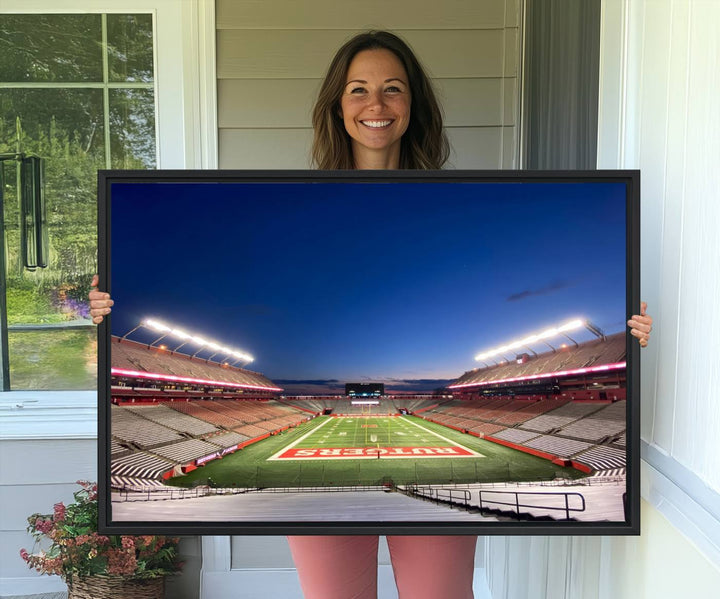 A large SHI Stadium at dusk, ideal for a Rutgers Scarlet Knights Football Team canvas print.