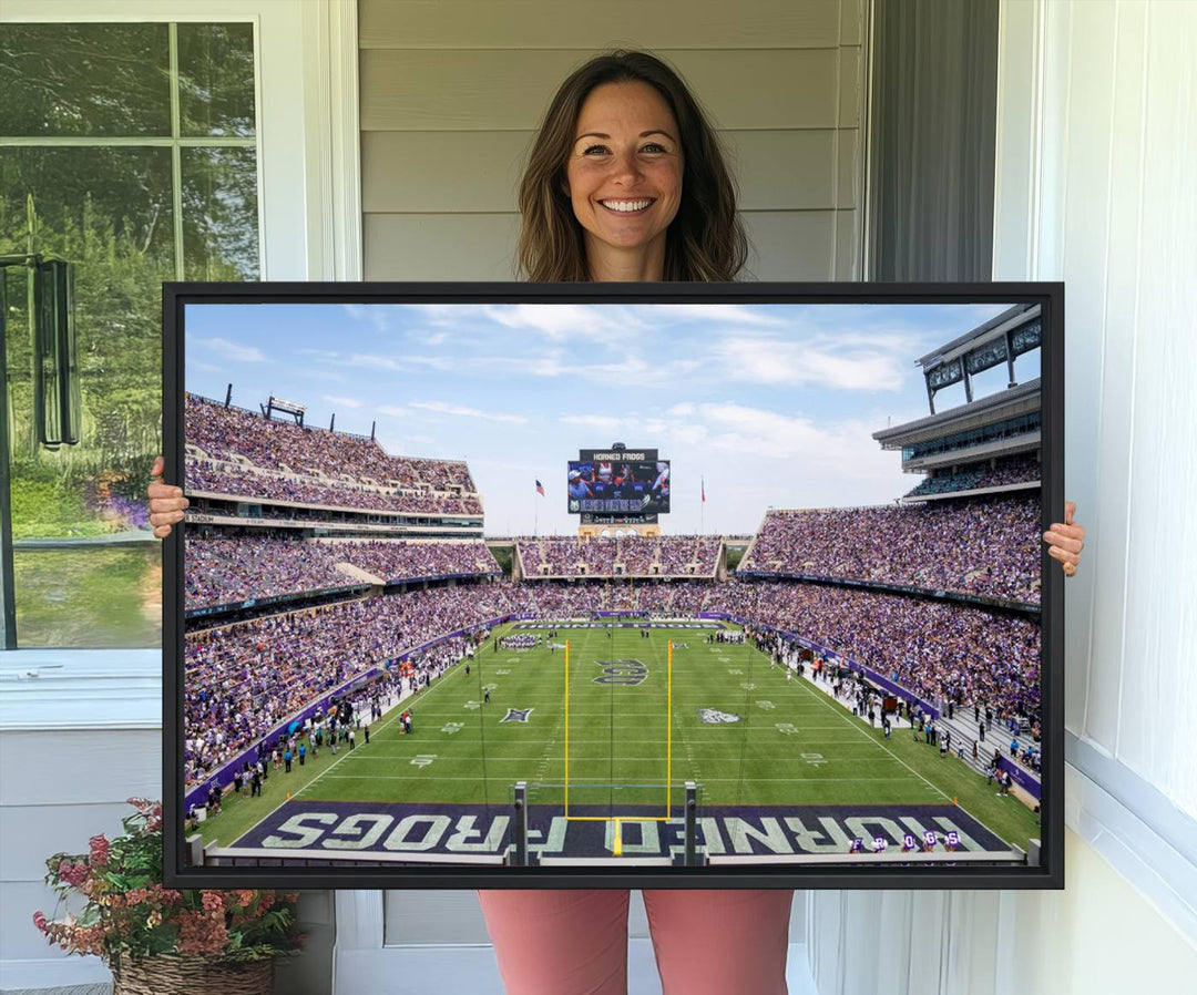 The TCU Horned Frogs print portrays a vibrant Amon G. Carter Stadium, filled with energy and game action.