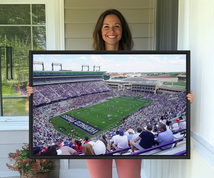 Amon G. Carter Stadium wall art canvas showcasing the TCU Horned Frogs and packed stands at Fort Worth.