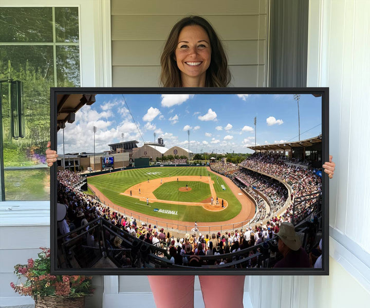 A baseball stadium under a blue sky, capturing the energy of The Texas A&M Aggies Athletics Kyle Field Wall Art.