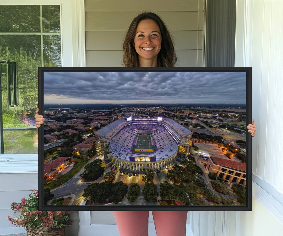 The LSU Tigers Football Team Baton Rouge Tiger Stadium Canvas is displayed prominently, capturing attention with its vivid depiction of the iconic stadium.