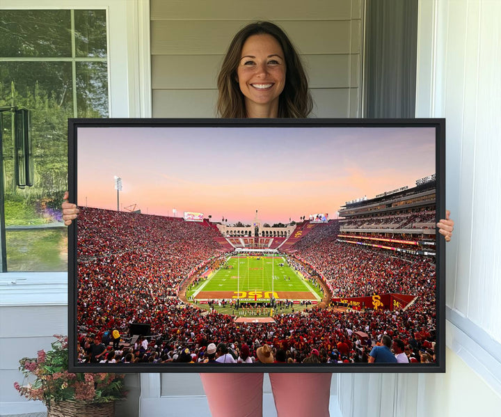 A USC Trojans wall art canvas print highlights the scene, depicting the Coliseum Stadium at sunset.