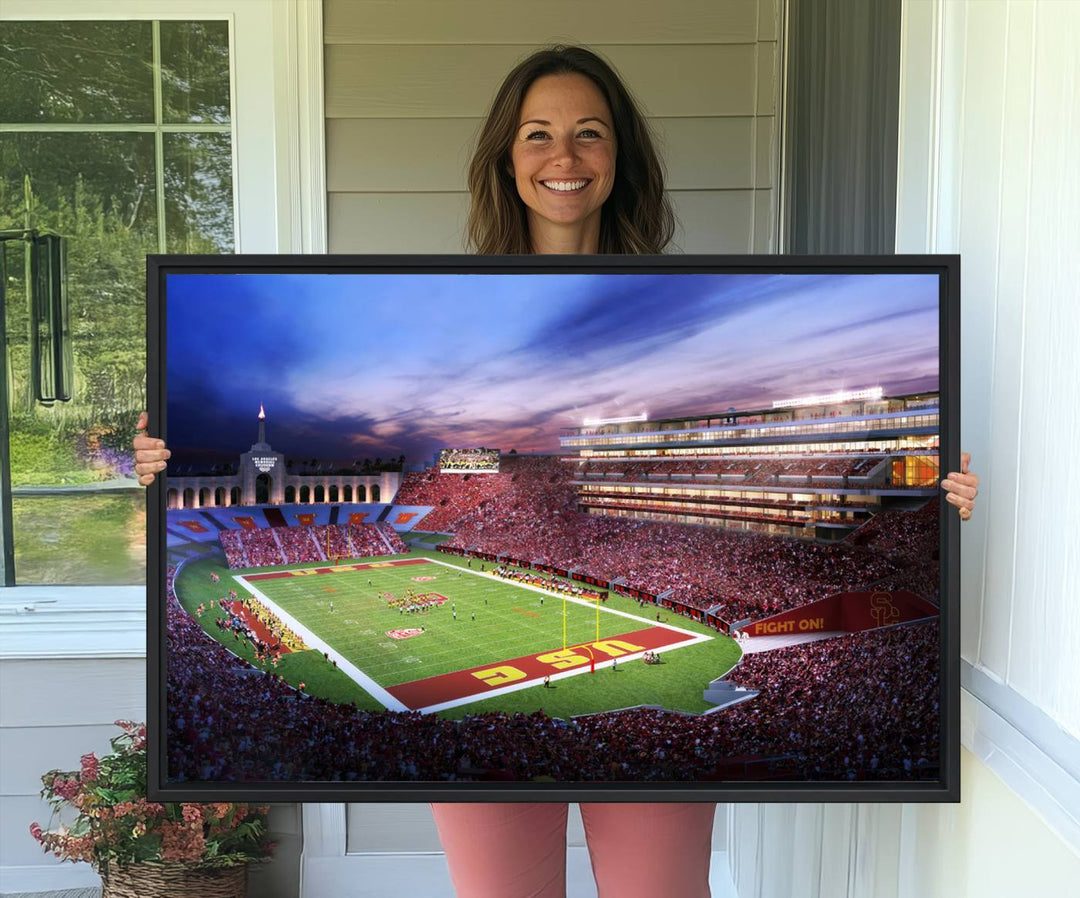 A vibrant painting of fans cheering for The University of Southern California USC Trojans under bright stadium lights.