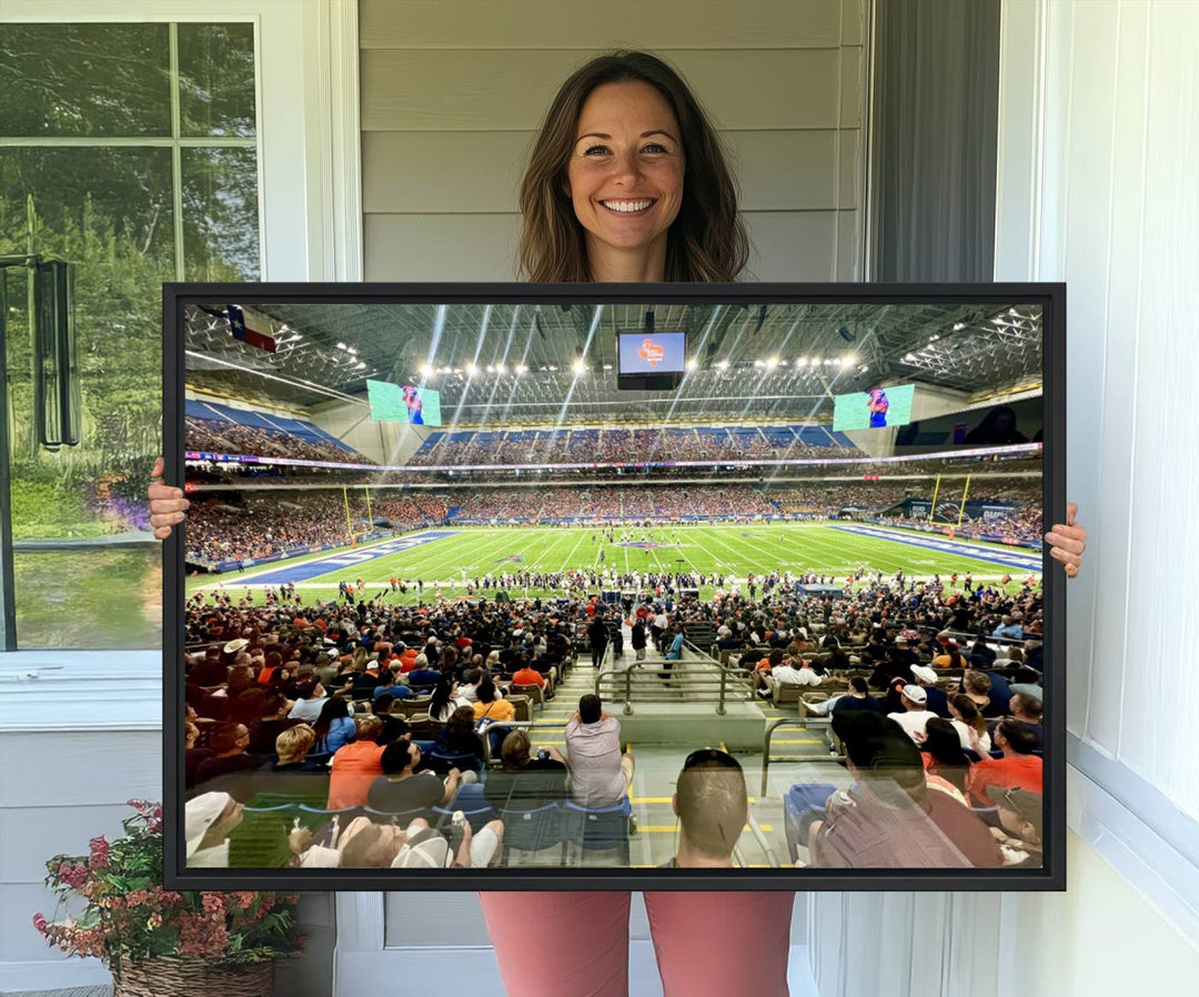 The UTSA Roadrunners Alamodome canvas print hangs in the living room.