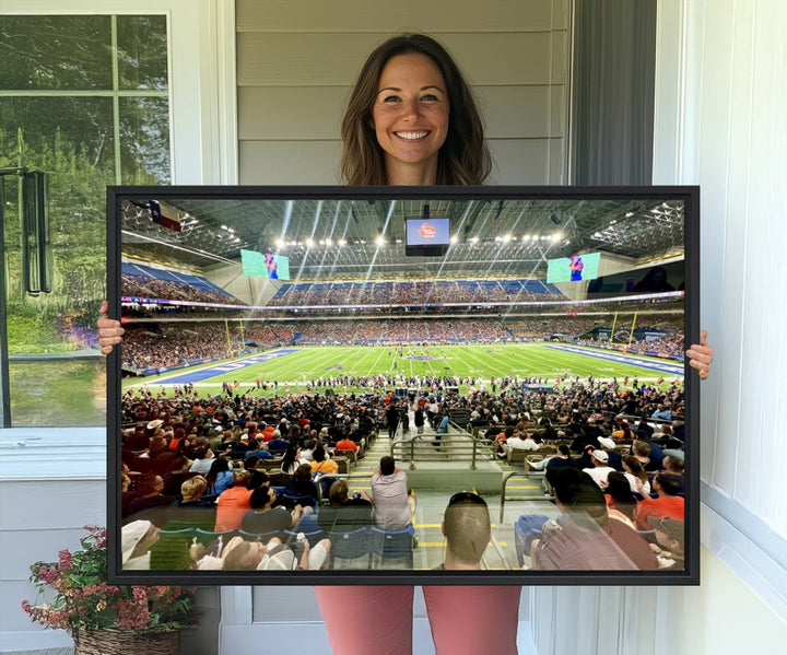 The UTSA Roadrunners Alamodome canvas print hangs in the living room.