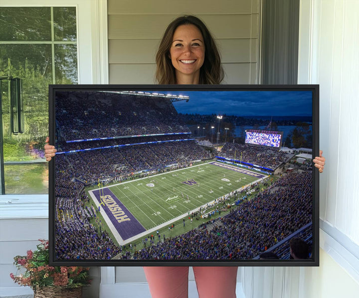 The University of Washington Huskies Football Team Print: Seattle Husky Stadium Wall Art Canvas captures a dusk stadium view.