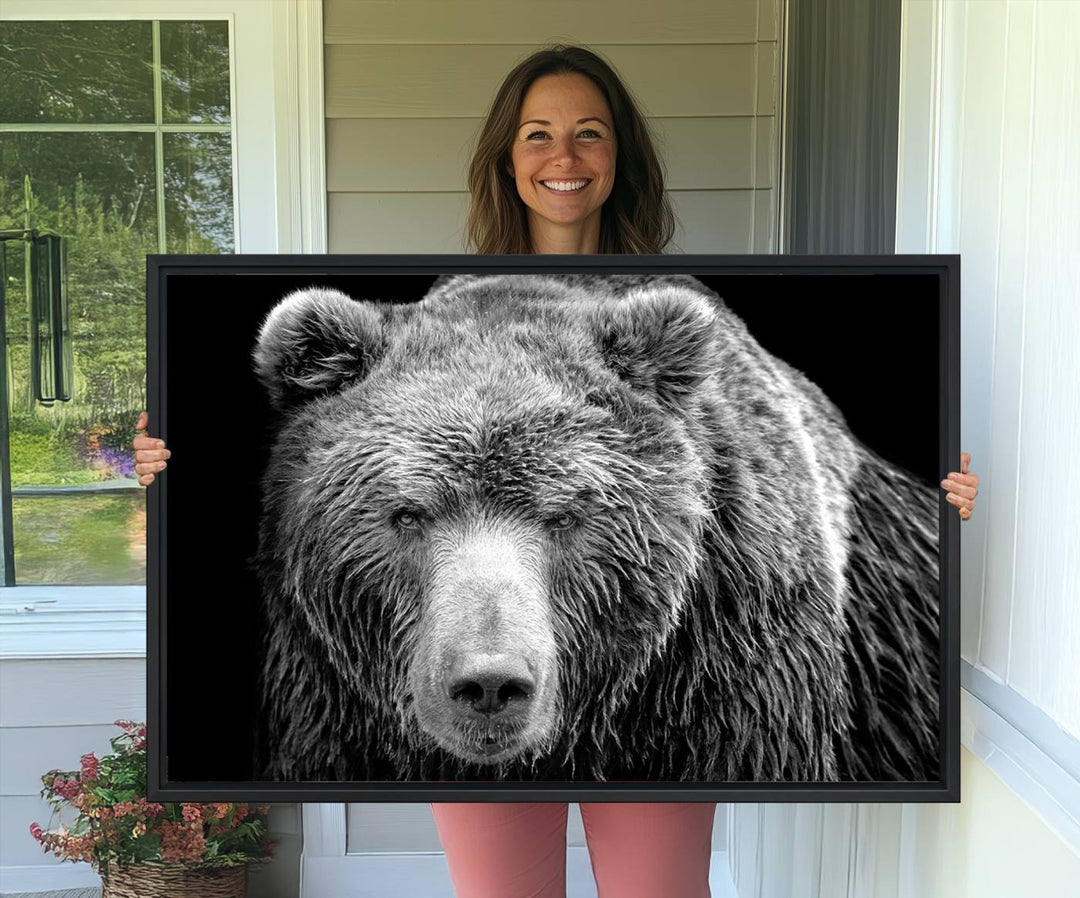 The 399 Grizzly Bear Canvas Print is displayed prominently on a wall in a modern living room.