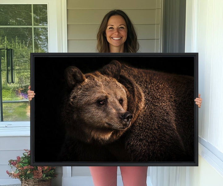 The Wild Grizzly 399 Bear Canvas Wall Art Print enhances modern living rooms with its neutral color palette.