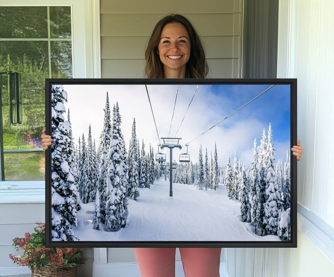 Winter Ski Lift Wall Art Print: Snowy Mountain Adventure, ideal for cabin or farmhouse decor under a clear blue sky.